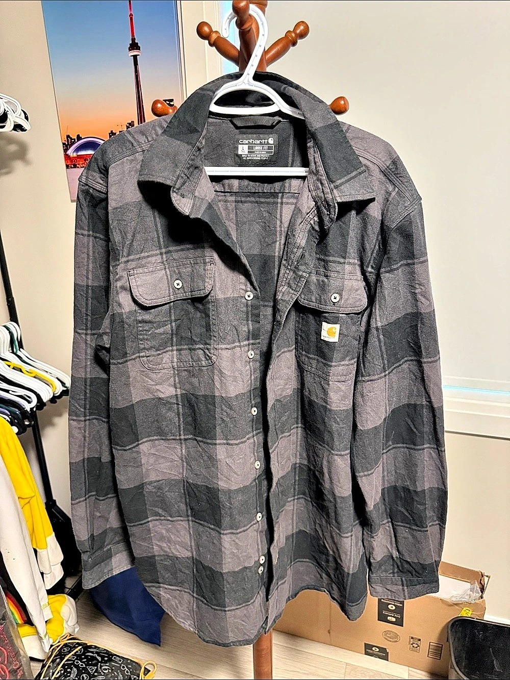 Carhartt Loose Fit Plaid Flannel Long-Sleeve Shirt Gray & Black Large Tall